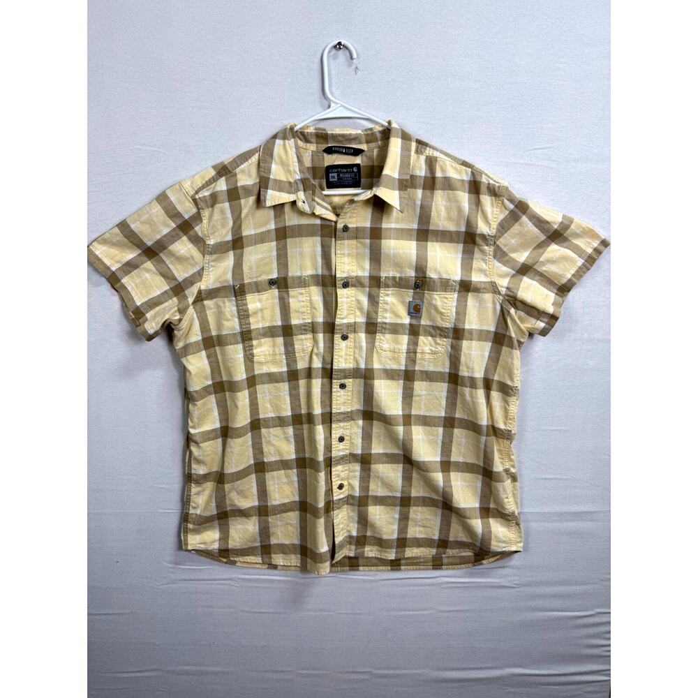 Carhartt Rugged Flex Shirt Men's 2XL Brown Yellow Plaid Relaxed Fit Button-Up